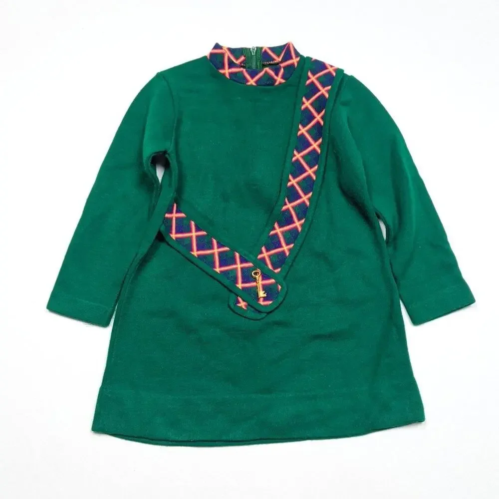 Vintage Dress Girls Size 4T Green Knit Sash Mock Neck Mod